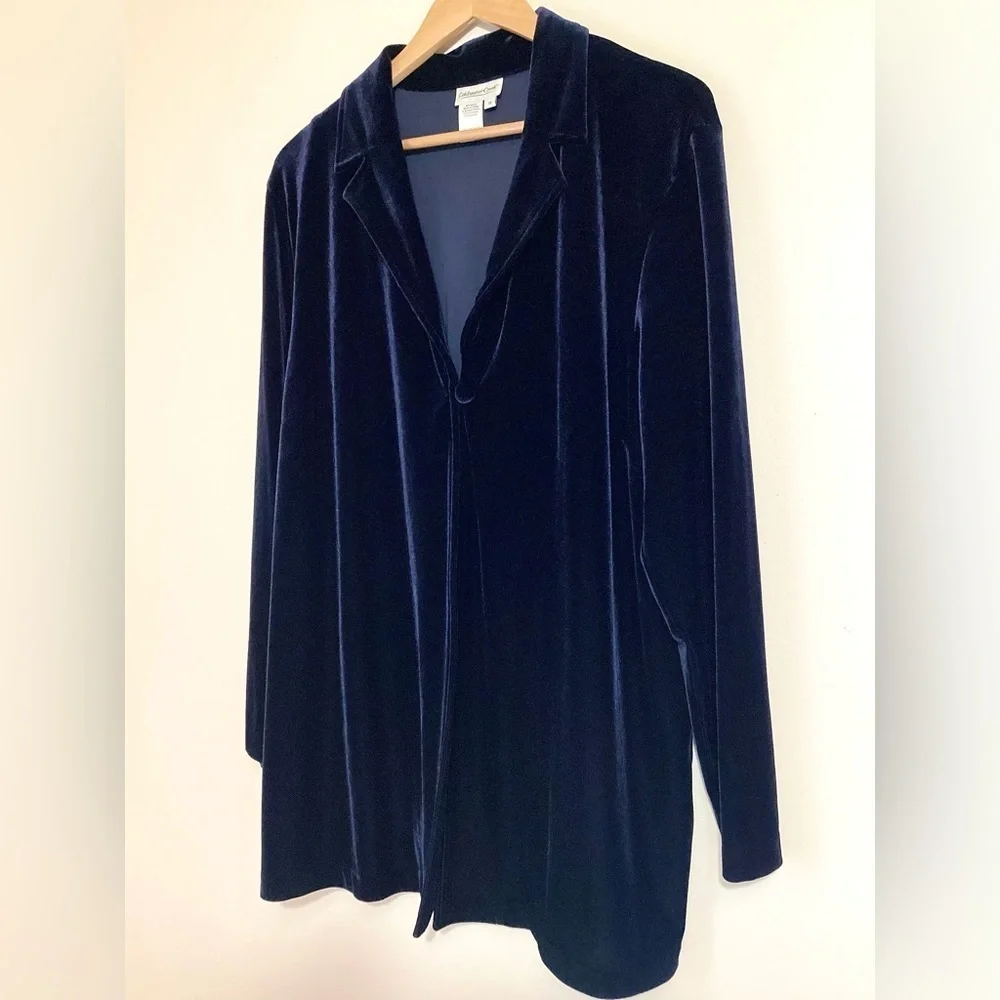 Coldwater Creek Vintage Velvet Tunic Cardigan 18 Navy Blue One Button Artsy 90s - Picture 2 of 14